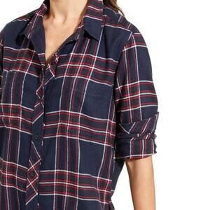 Athleta Jumberjill Shirt Women's Large Petite Navy Plaid Flannel Cotton Top